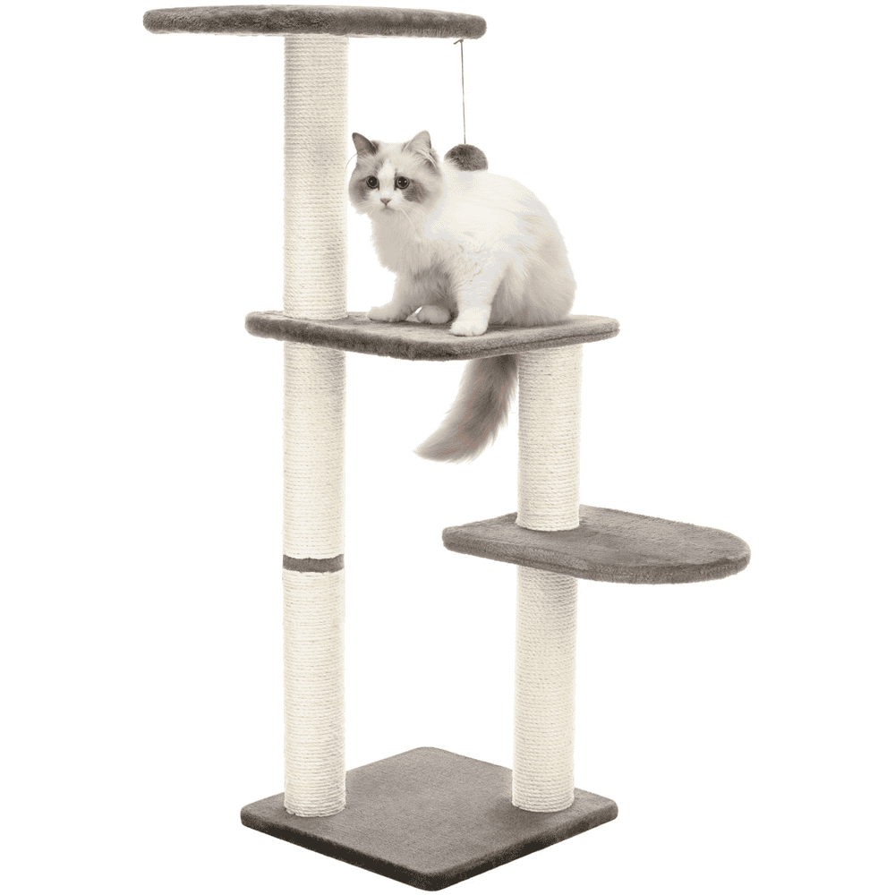 Cat sitting on multi-level grey scratching tree