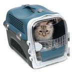 Cat inside the hard-sided carrier